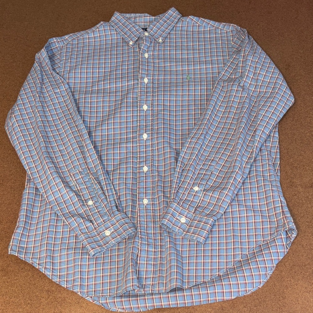 Ralph Lauren Lg Blue Plaid Button-Down Shirt with Red Accents
